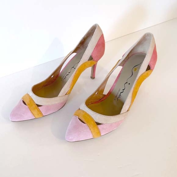 NINA ORIGINALS MULTICOLORED SUEDE HEELS - Picture 2 of 9